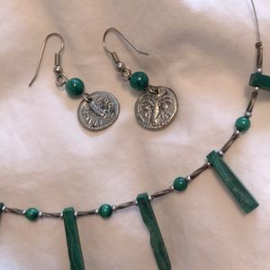 Jade stone & Greek coin necklace & earrings set